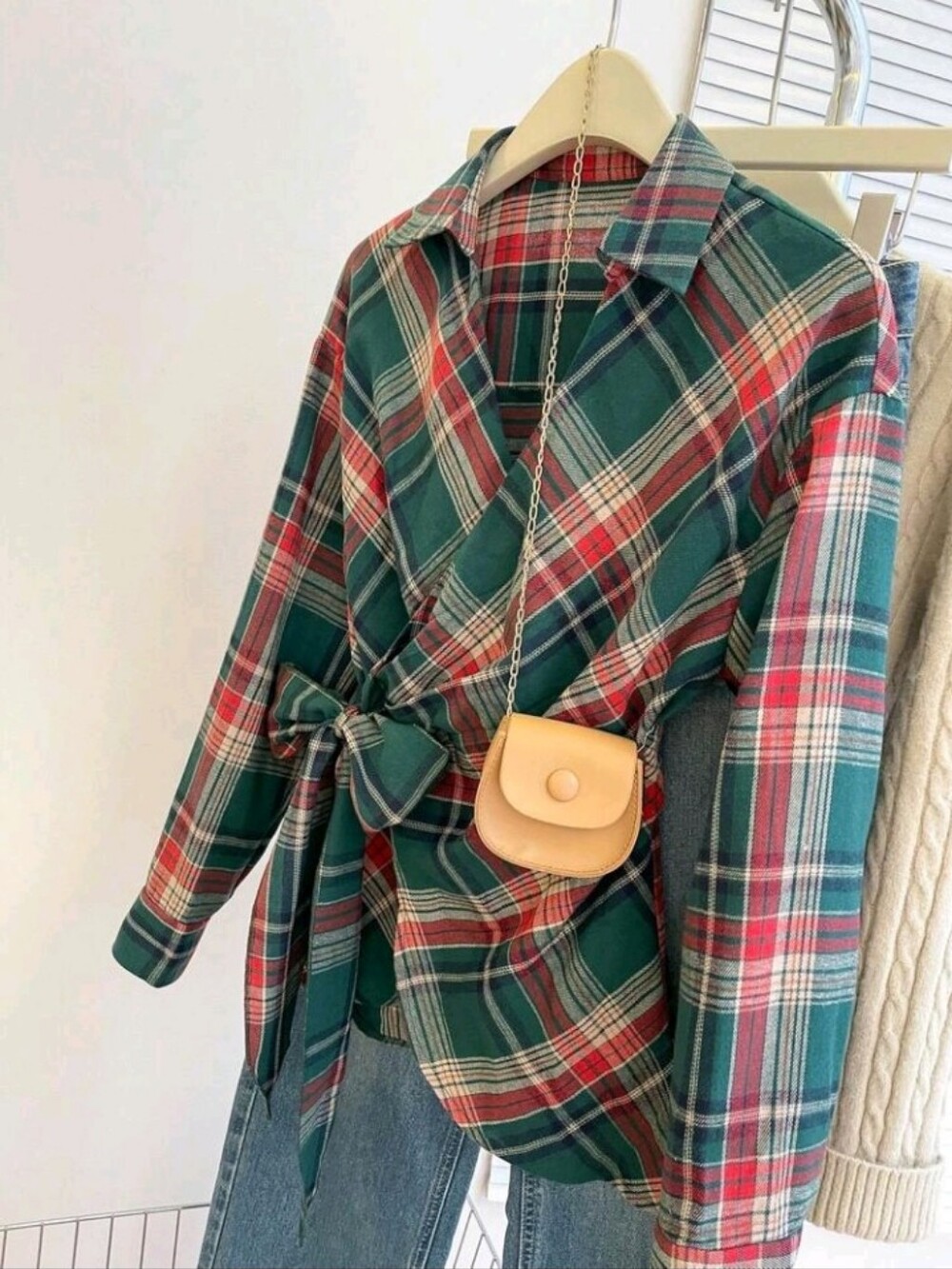 Spring/Summer Green Plaid Long Sleeve Cinched Waist Bow Tie Elegant Slim Fit
